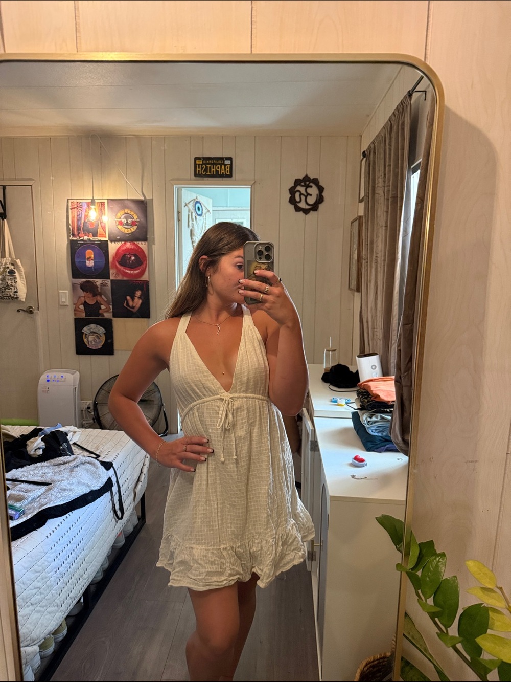 Urban Outfitters Cream Halter Ruffle Mini Dress